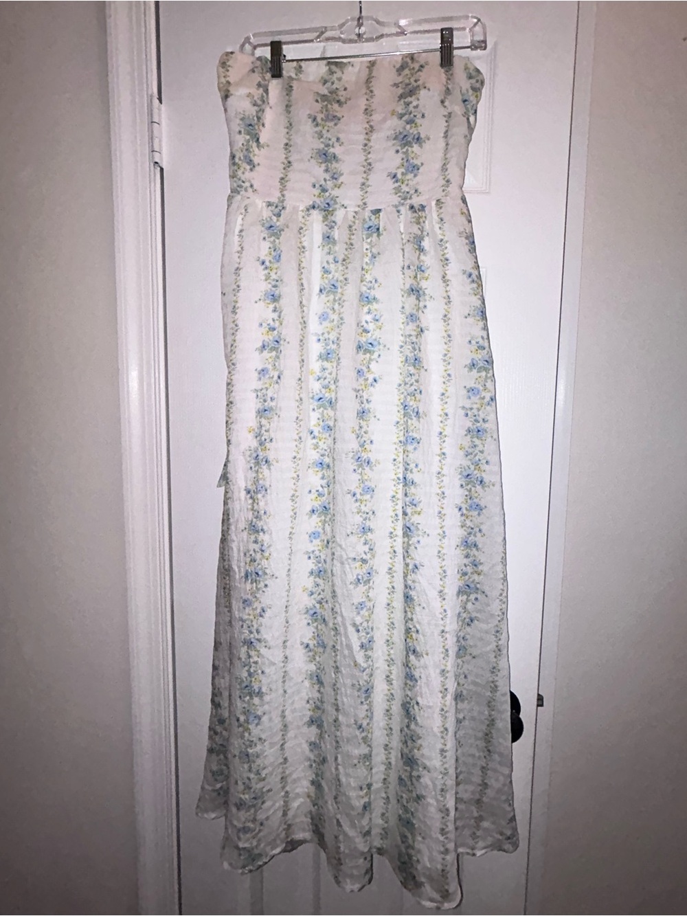 Altar'd State White Strapless Maxi Dress with Blue & Green Floral Stripes Large
